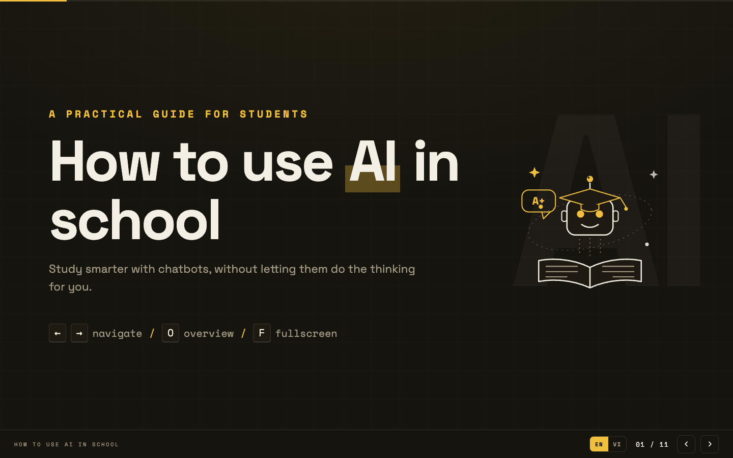 The title slide “How to use AI in school” on a dark ground with a yellow highlight on “AI”, a small robot in a graduation cap, and the line “Study smarter with chatbots, without letting them do the thinking for you.”; slide 01 of 11.