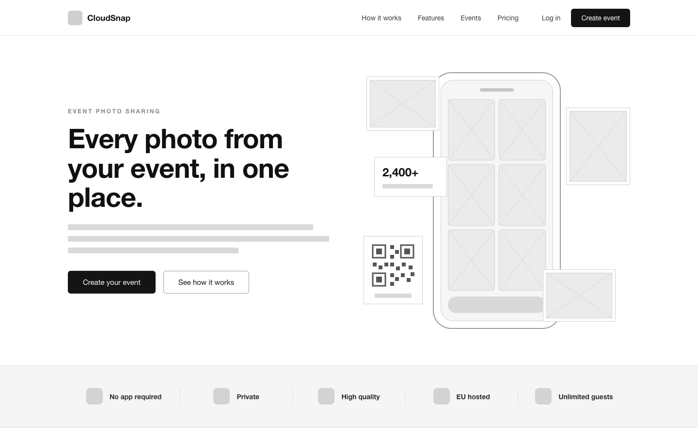 A grayscale wireframe of a landing page for CloudSnap: the headline “Every photo from your event, in one place.”, placeholder buttons, a phone outline full of image boxes, and a QR code.