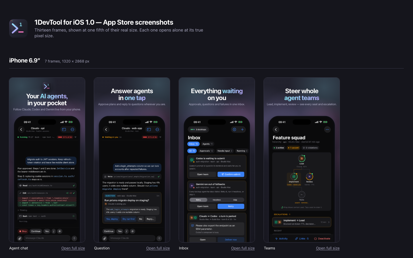 A review board of 1DevTool iOS App Store screenshots: iPhone 6.9-inch frames with headlines like “Your AI agents, in your pocket” and “Answer agents in one tap”.