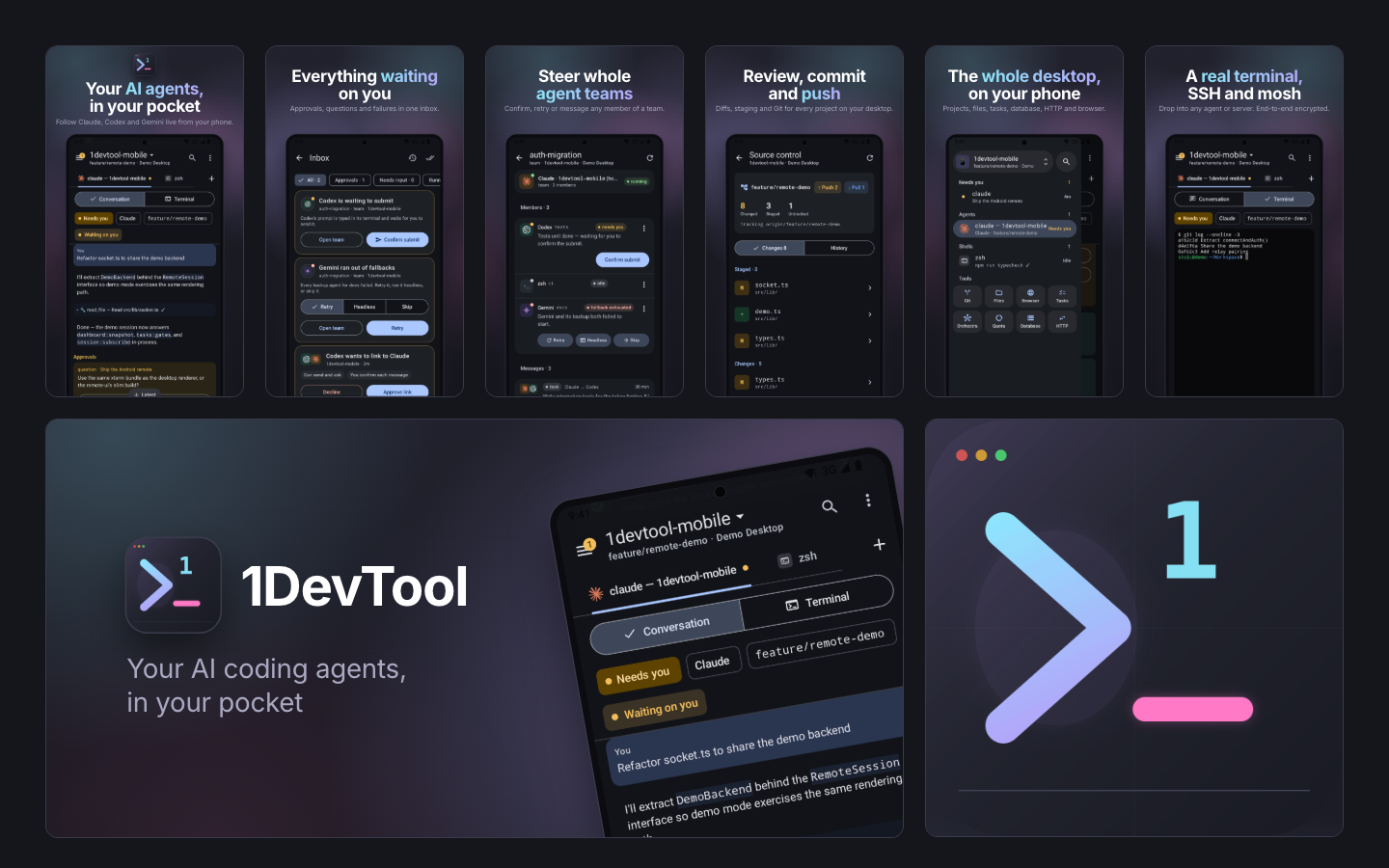 Google Play assets for 1DevTool: six dark phone screenshots with gradient headlines along the top, and a feature graphic reading “Your AI coding agents, in your pocket”.