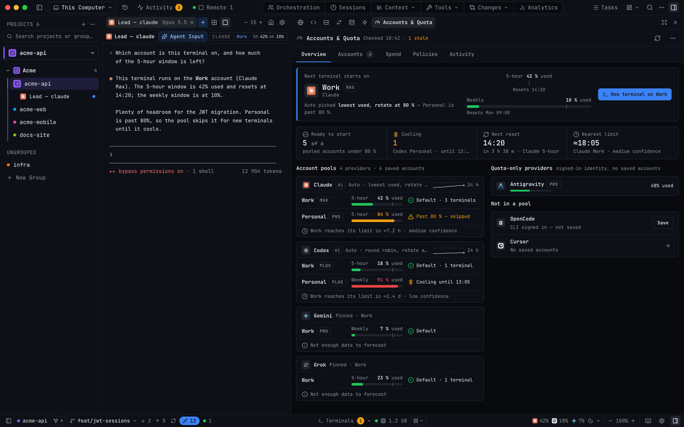 Accounts & Quota beside a Claude terminal: Claude and Codex account pools with 5-hour and weekly usage, Gemini and Grok, Antigravity as a quota-only provider, and the terminal's own quota chip in its header.
