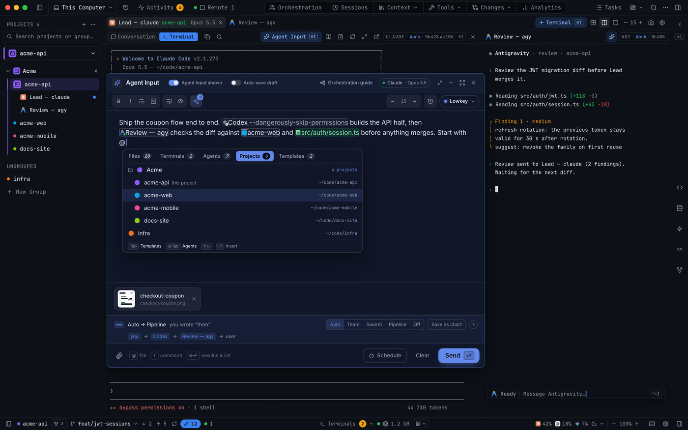 Agent Input floating over a Claude terminal: a brief with chips for a new Codex agent, a linked Review terminal, the acme-web project and a file, an attached screenshot, and the @ picker open on Projects.