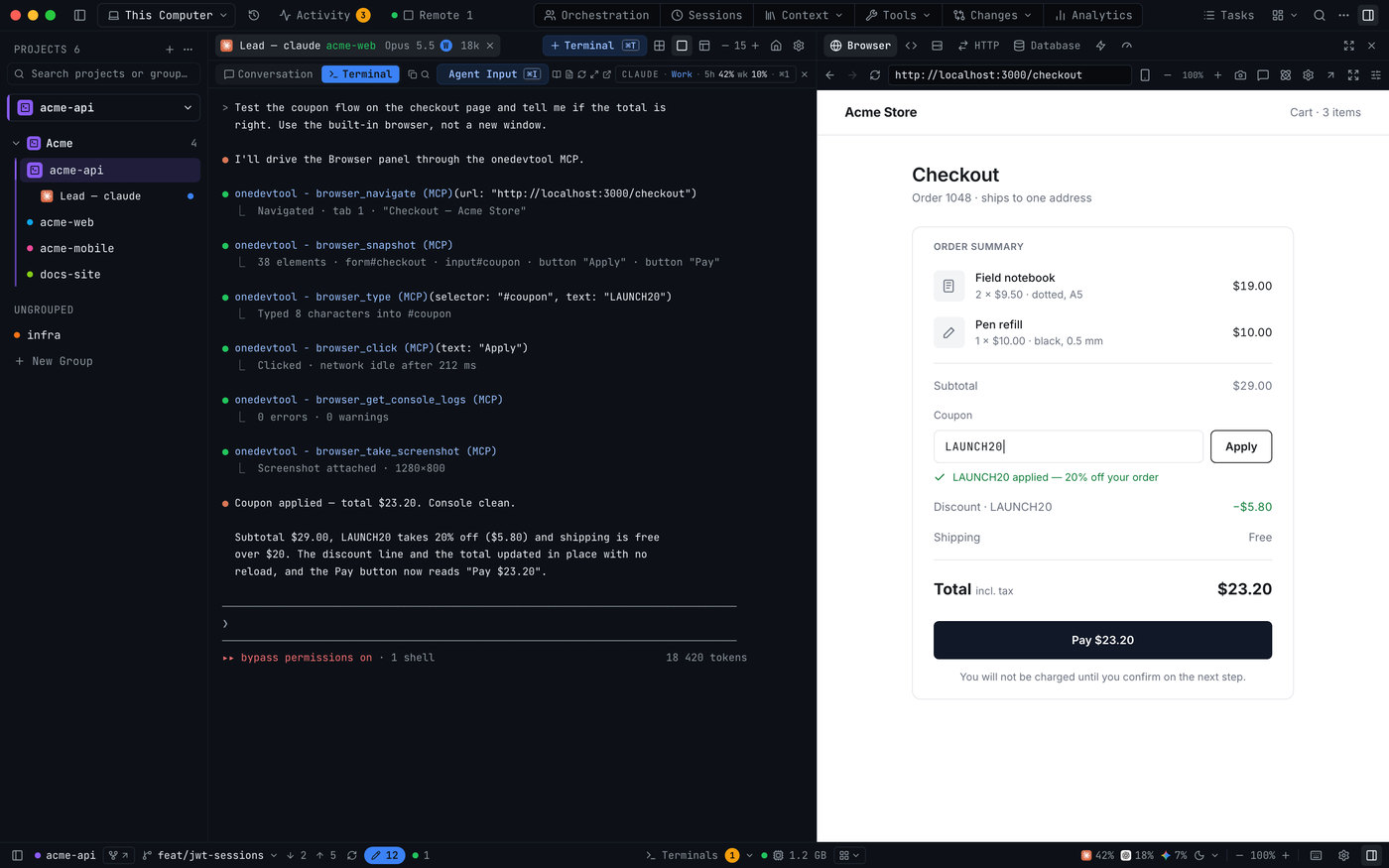 Claude Code testing a checkout through the onedevtool MCP server — navigate, type a coupon, click Apply, read the console, take a screenshot — while the embedded browser beside it shows the page it is driving.