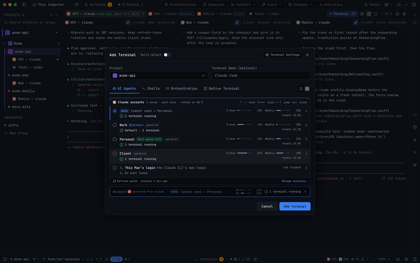 Three Claude Code terminals running side by side on the Work, Personal and Client accounts, each tab showing its own quota, with Add Terminal open on the Account picker.