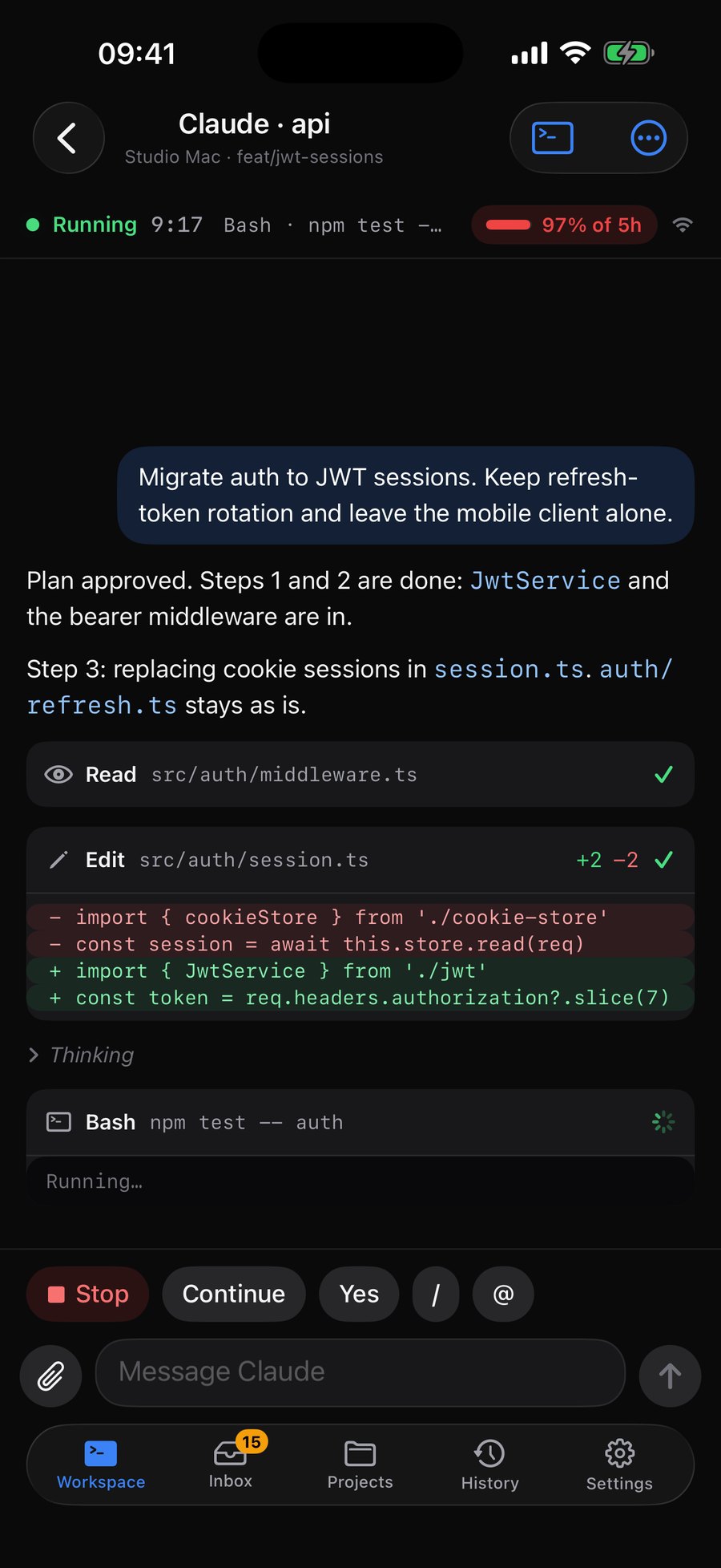 The 1DevTool phone app following Claude on a JWT migration: the plan, a file edit with its diff, a running test, and Stop, Continue and Yes replies above the composer.