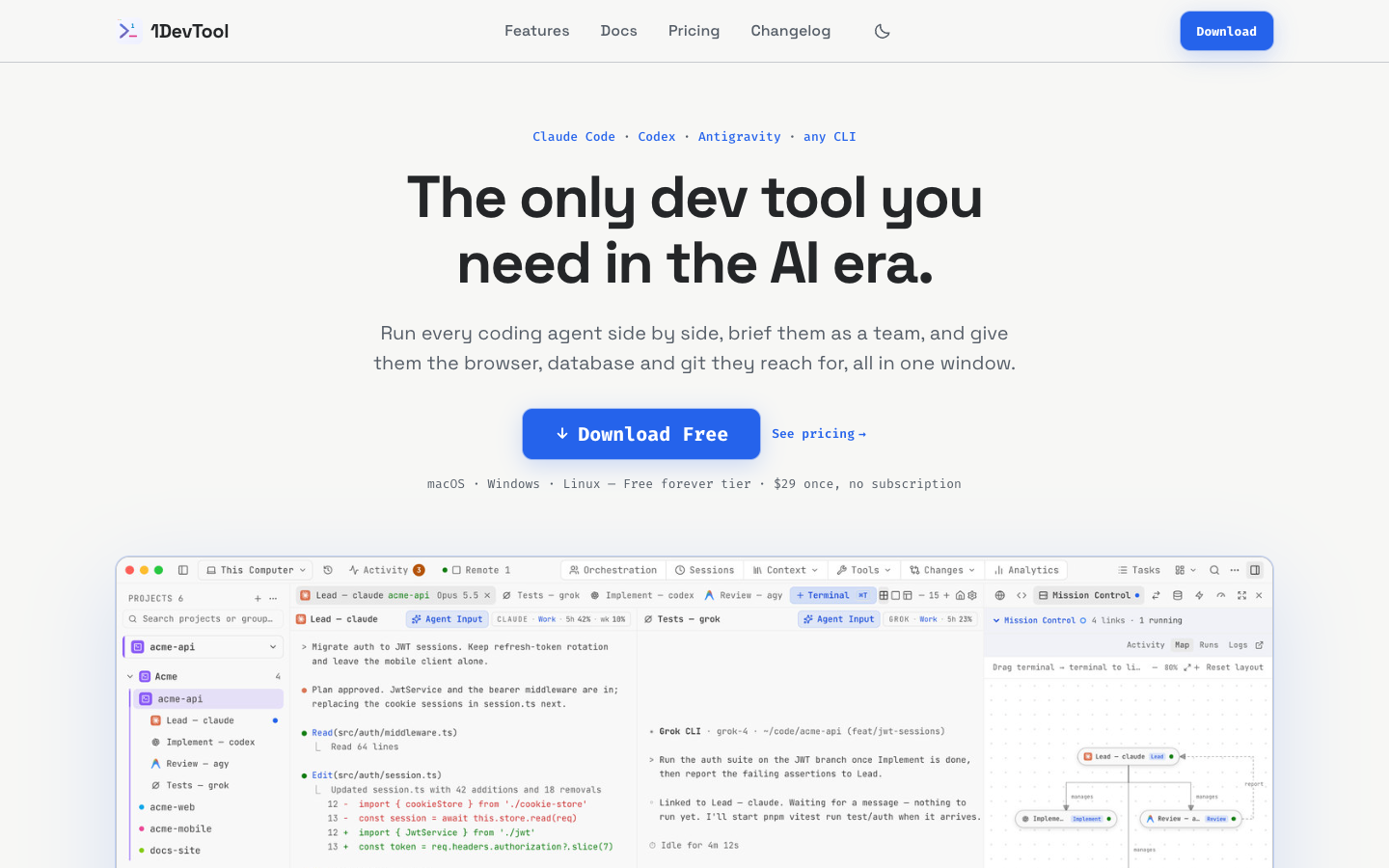 The 1devtool.com hero: the headline “The only dev tool you need in the AI era.”, a Download Free button, and a real screenshot of the 1DevTool workspace below.