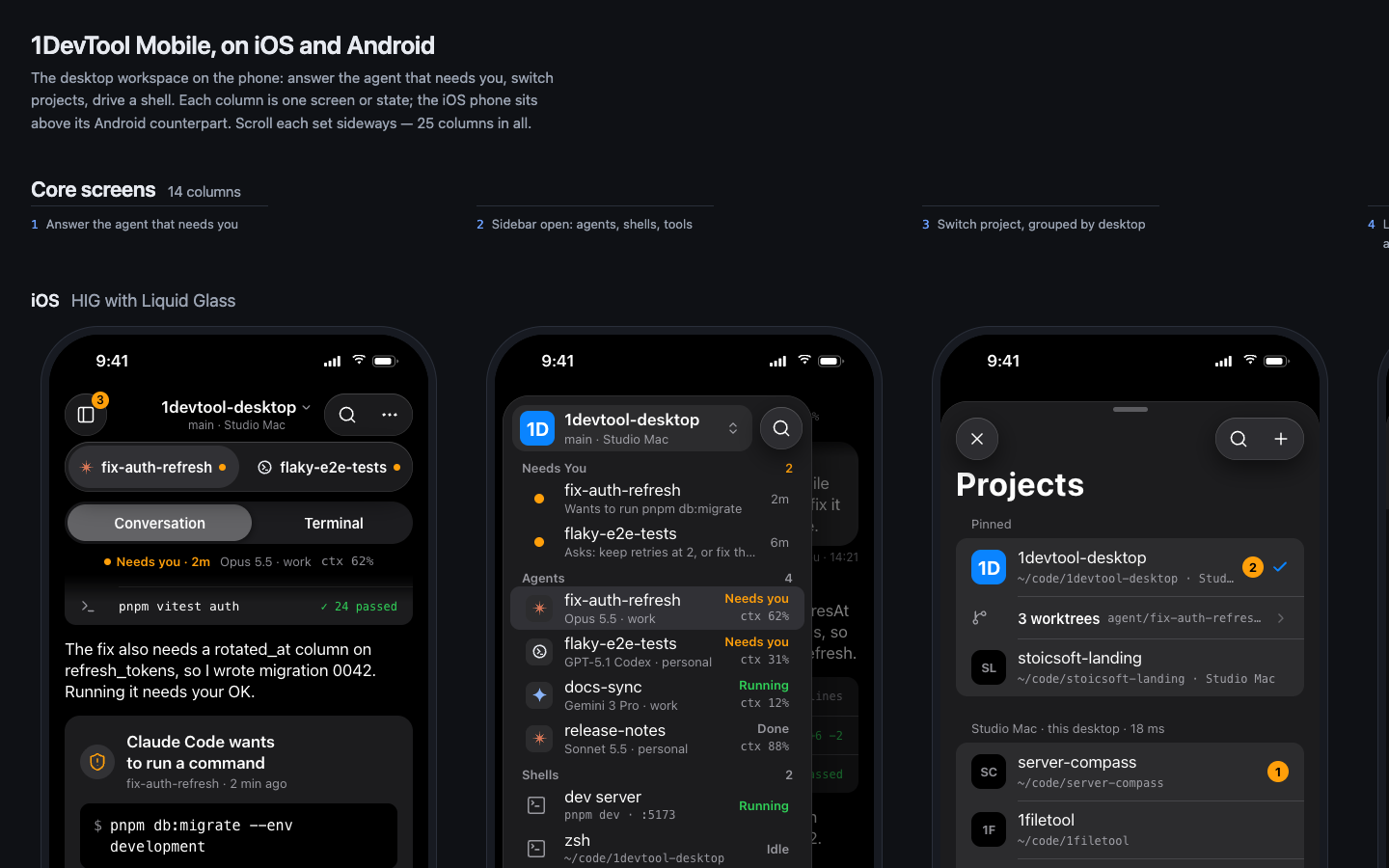 A canvas of 1DevTool Mobile screens on iOS: a workspace conversation with an agent, the sidebar of agents that need attention, and a project switcher.