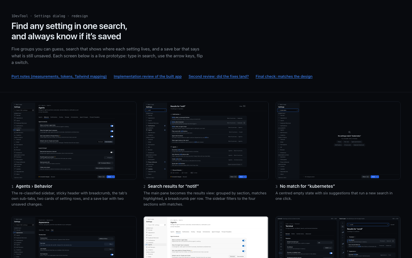 A dark review page titled “Find any setting in one search, and always know if it’s saved”, with screen thumbnails for Agents, search results and an empty state.