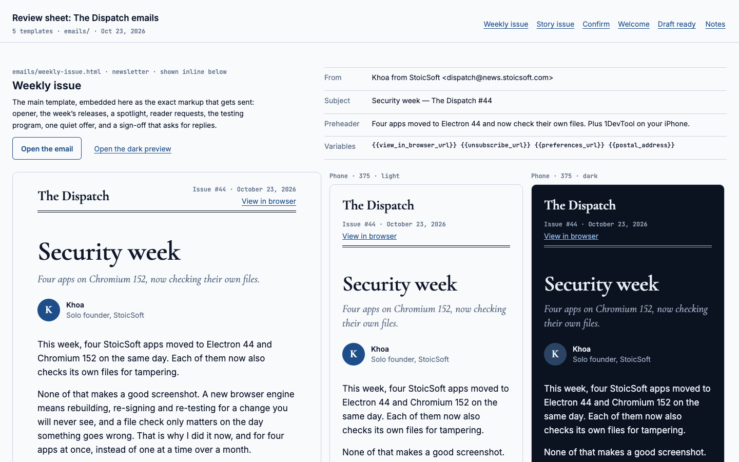 A review sheet for The Dispatch emails: the weekly issue “Security week” at desktop width and on phones in light and dark, beside its sender, subject and preheader.