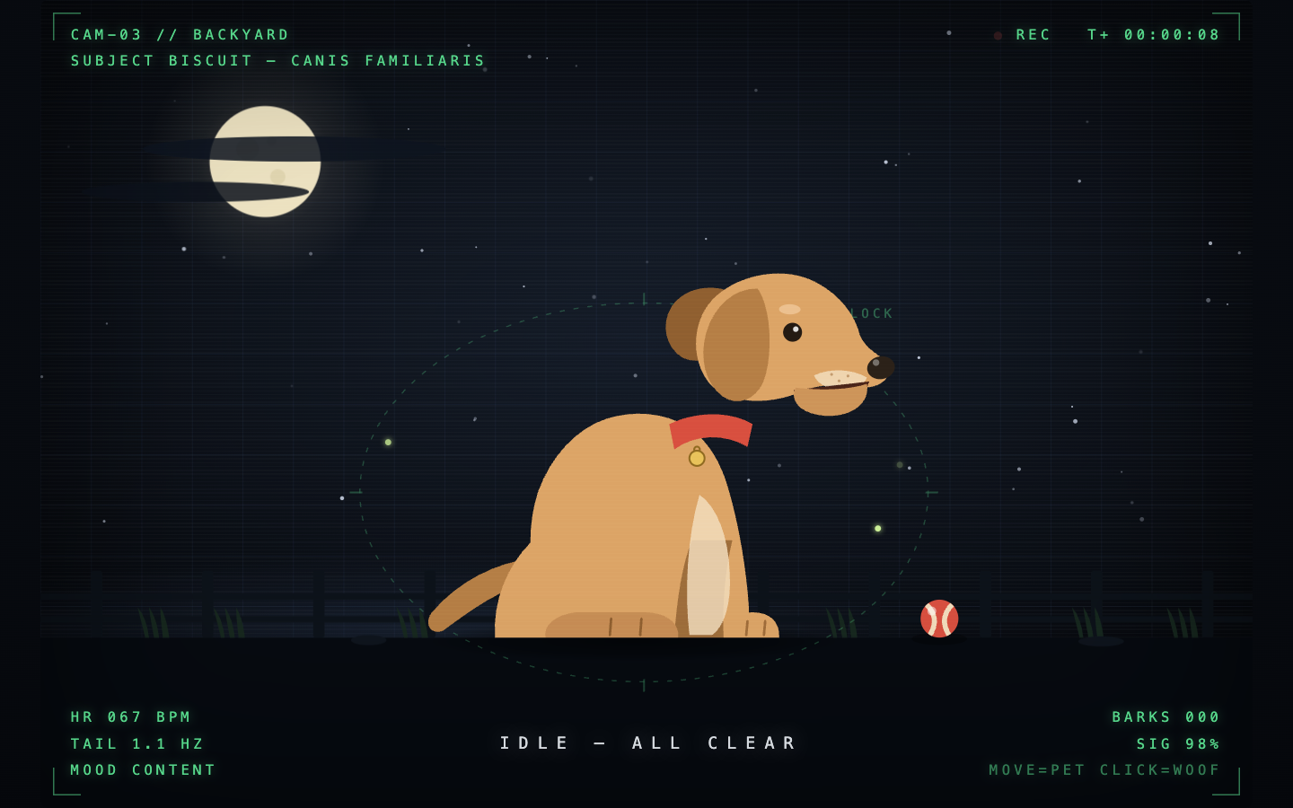 A night-vision backyard camera view: a cartoon dog with a red collar sitting under a full moon beside a tennis ball, with readouts for heart rate, tail wag and barks.