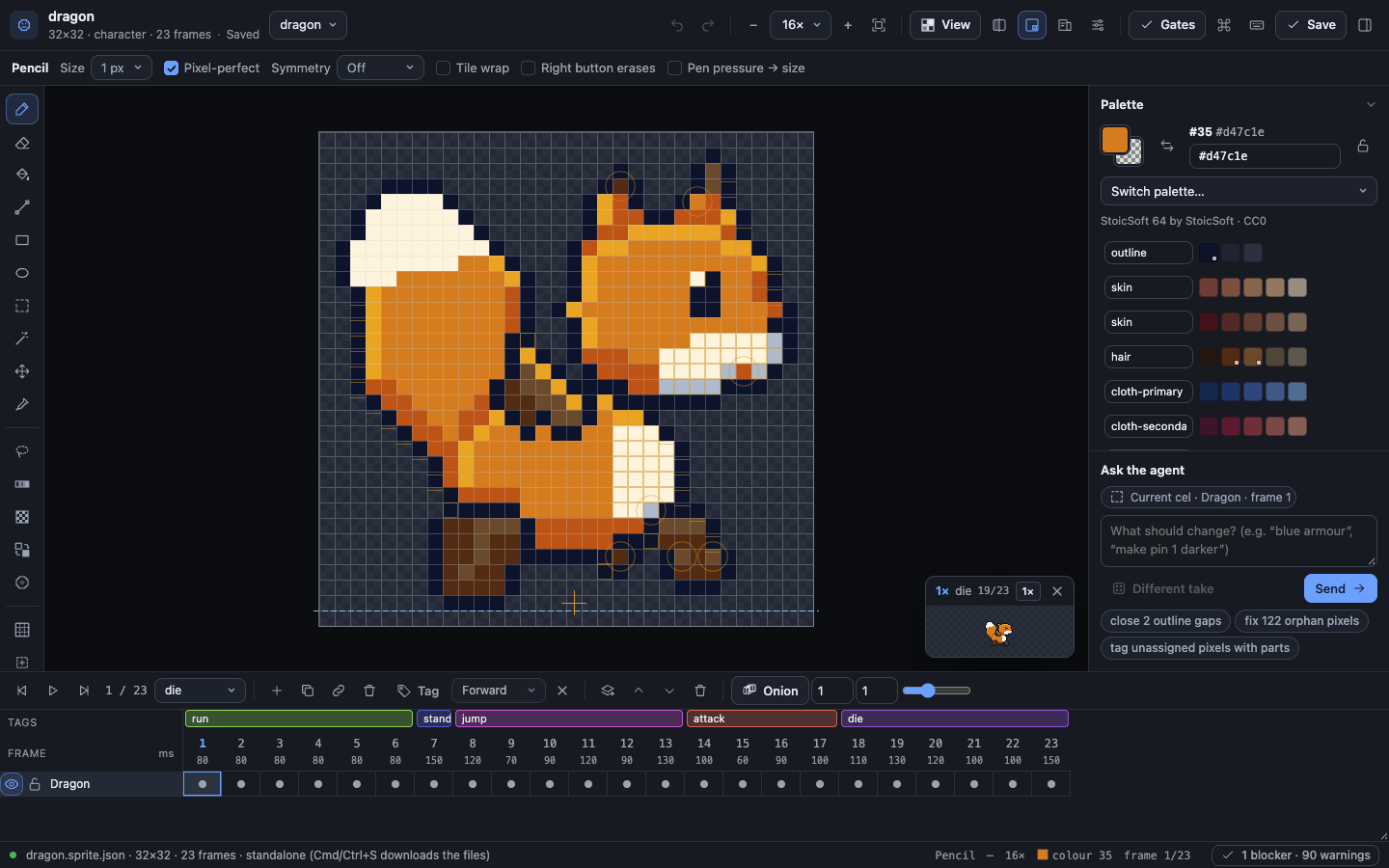 The pixel sprite editor: a 32-pixel orange dragon with a white chest and bushy tail on a grid canvas, a palette panel, and a timeline of tagged animation frames.