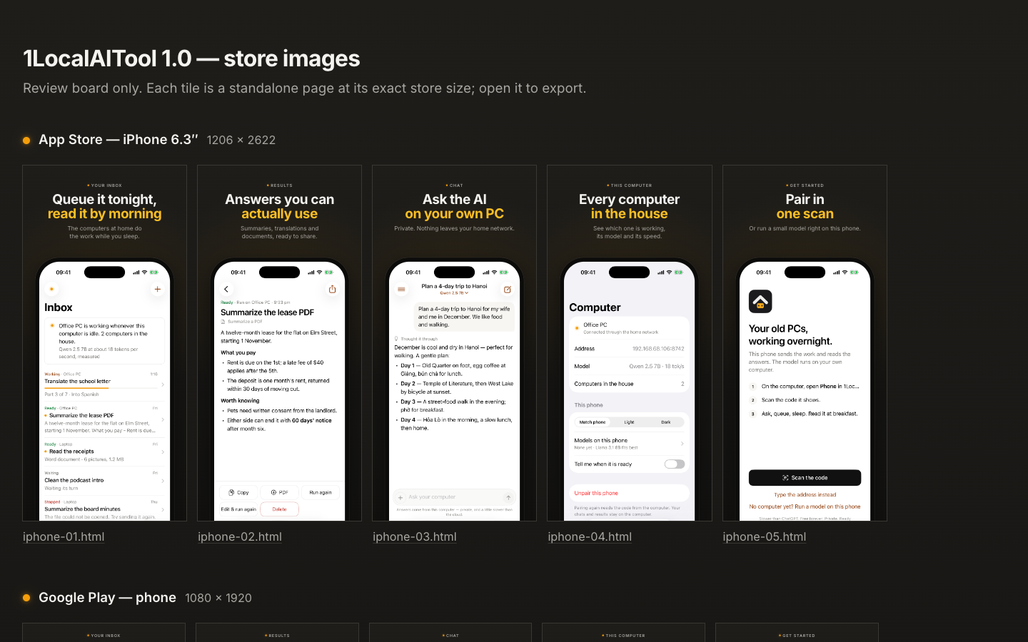 A dark review board of 1LocalAITool store images: five iPhone frames with headlines such as “Queue it tonight, read it by morning” over real app captures.