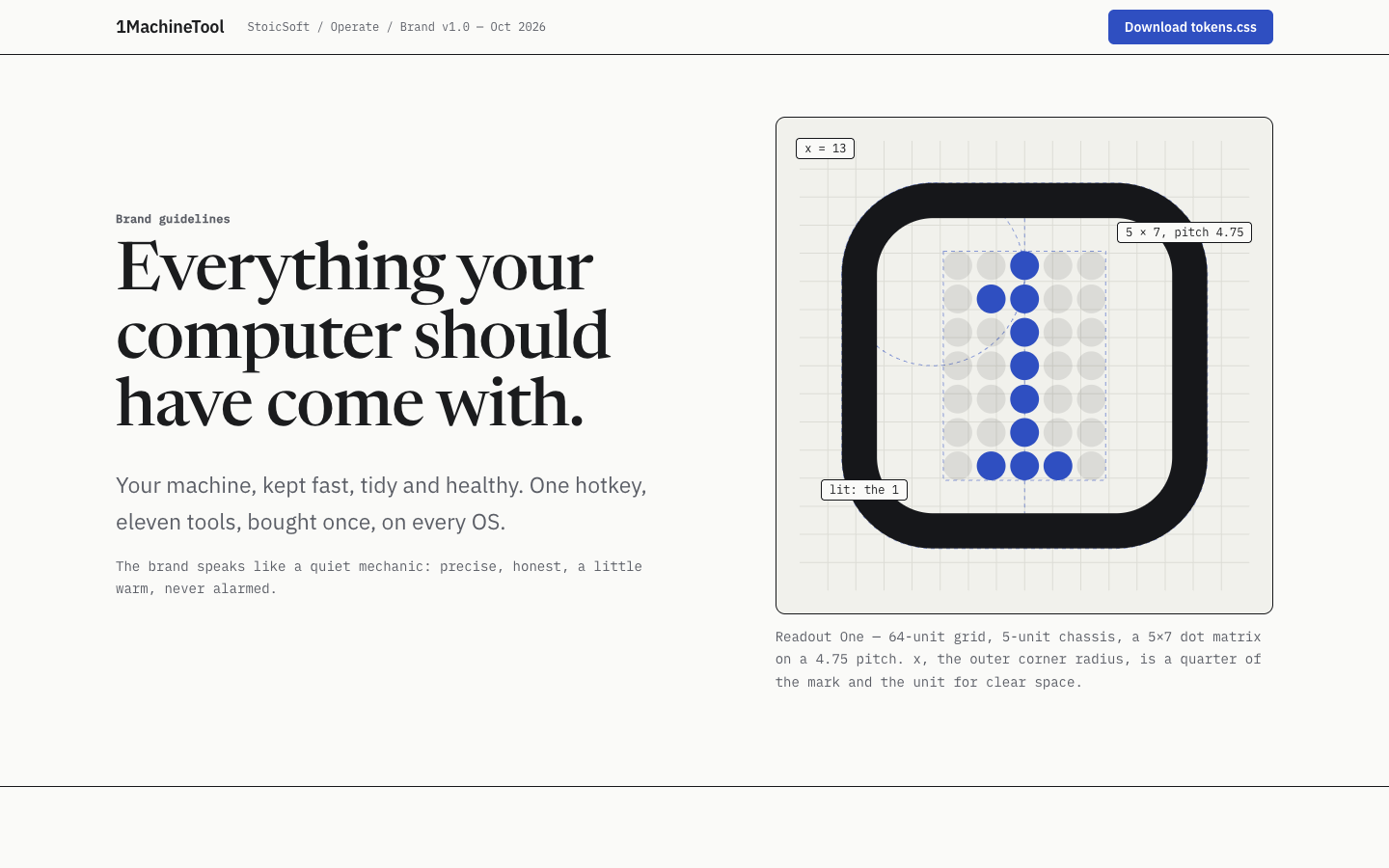 The 1MachineTool brand guidelines page: the headline “Everything your computer should have come with.” beside the app mark, a rounded square holding a blue dot-matrix “1”, drawn on a construction grid.