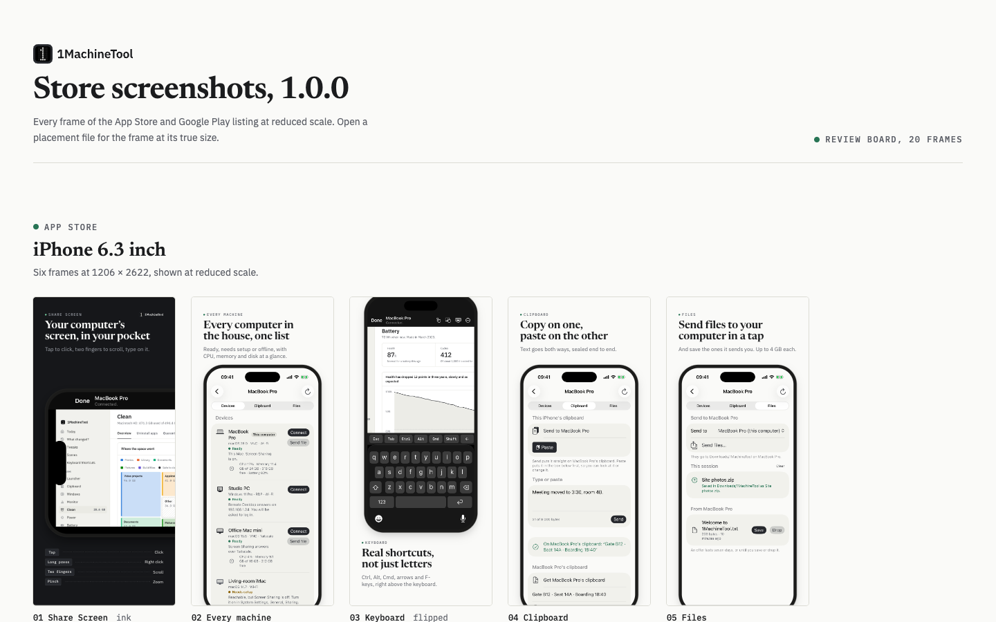 A review board titled “Store screenshots, 1.0.0” for 1MachineTool: a row of iPhone 6.3-inch frames with headlines like “Your computer’s screen, in your pocket” over real app captures.
