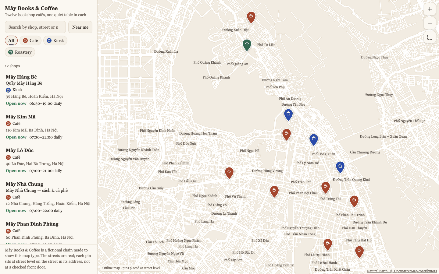The Mây Books & Coffee store locator: a list of shops with their opening hours on the left, and a street map of central Hà Nội on the right with terracotta café pins, blue kiosk pins and a green roastery pin by West Lake.