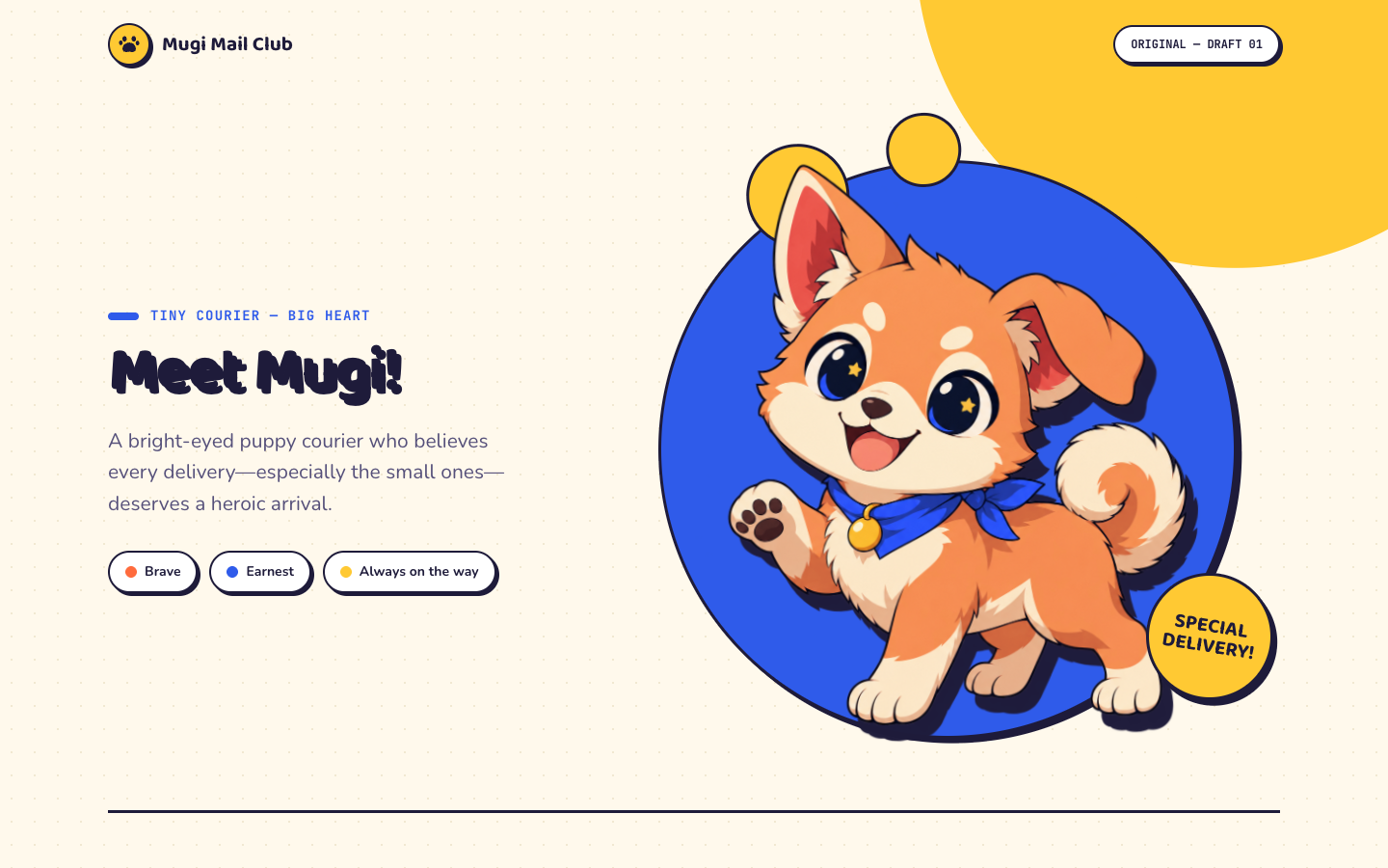 A character page for Mugi, a bright-eyed orange-and-cream anime puppy in a blue scarf inside a blue circle with a “Special delivery” badge, beside the headline “Meet Mugi!” and trait chips.