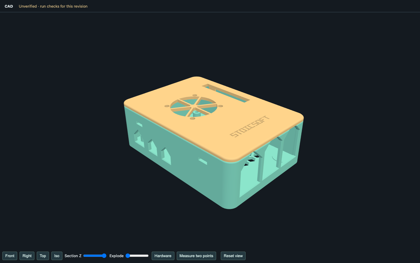 A two-part 3D-printable Raspberry Pi case on a dark stage: a teal base with port cutouts under a yellow lid with a round fan grille, with view, section and explode controls.