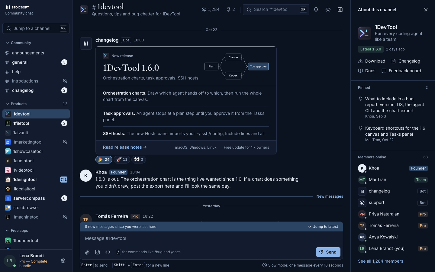 The chat.stoicsoft.com #1devtool channel in dark mode: a sidebar listing every product’s channel, a 1DevTool 1.6.0 release post with reactions, and a members panel.