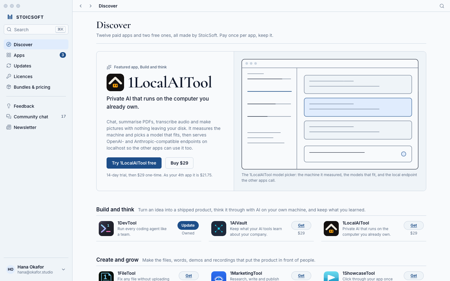 The StoicSoft desktop app’s Discover screen: a sidebar with Apps, Updates and Licences, a featured 1LocalAITool card with a Try free button, and a list of apps below.
