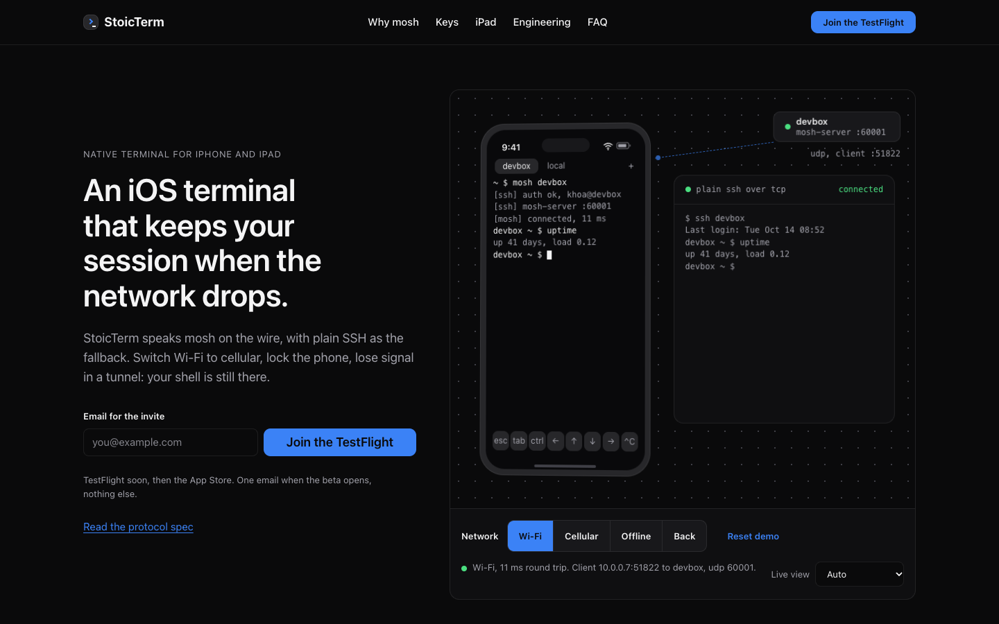 The StoicTerm landing page in dark mode: the headline “An iOS terminal that keeps your session when the network drops.” beside an interactive iPhone running a terminal, with Wi-Fi, Cellular and Offline toggles.