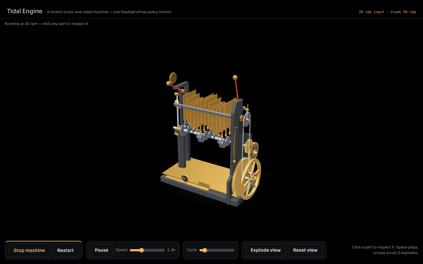 A brass-and-steel kinetic machine on a black stage: a row of gold wave plates over a crankshaft, a spoked flywheel and gears on the right, with Stop machine, Pause, Speed, Explode view and Reset view controls.