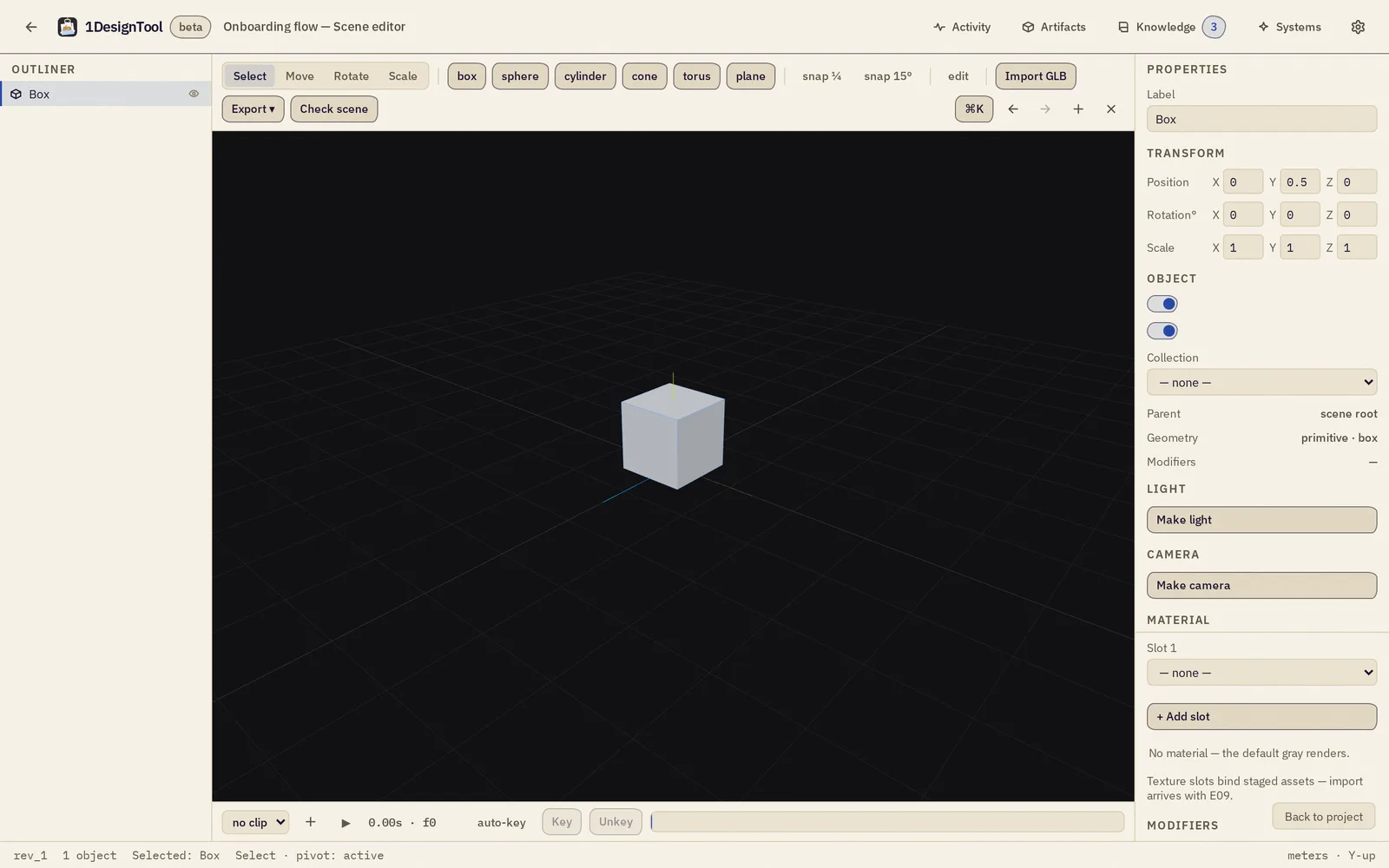 ตัวแก้ไขฉาก — outliner, viewport, แผง transform และ material