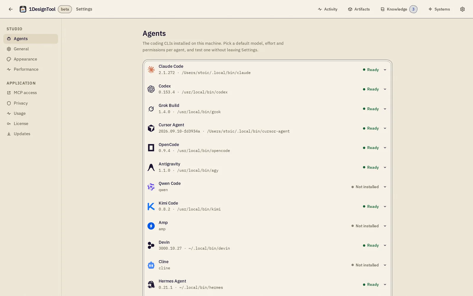 Settings → Agents — ทุก CLI ที่แอปพบ เวอร์ชัน และโมเดลเริ่มต้นของมัน