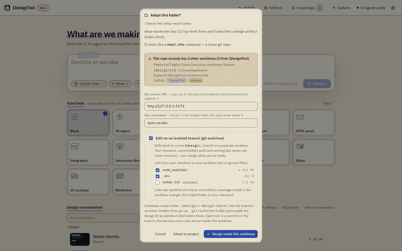 ชีต adopt — ชี้ที่ repo เลือกการแยก worktree