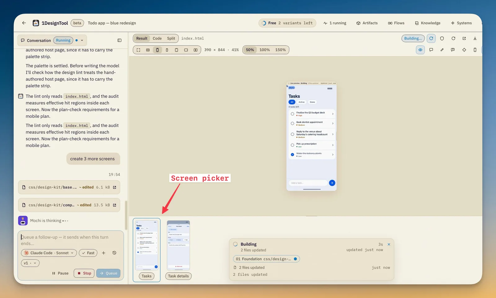 Build mode — the running app with an element selected for editing