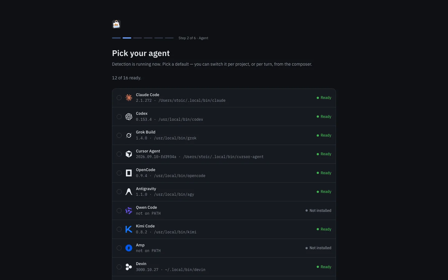 ขั้นตอนเชื่อมต่อ agent — เลือก CLI ที่แอปพบบนเครื่องนี้