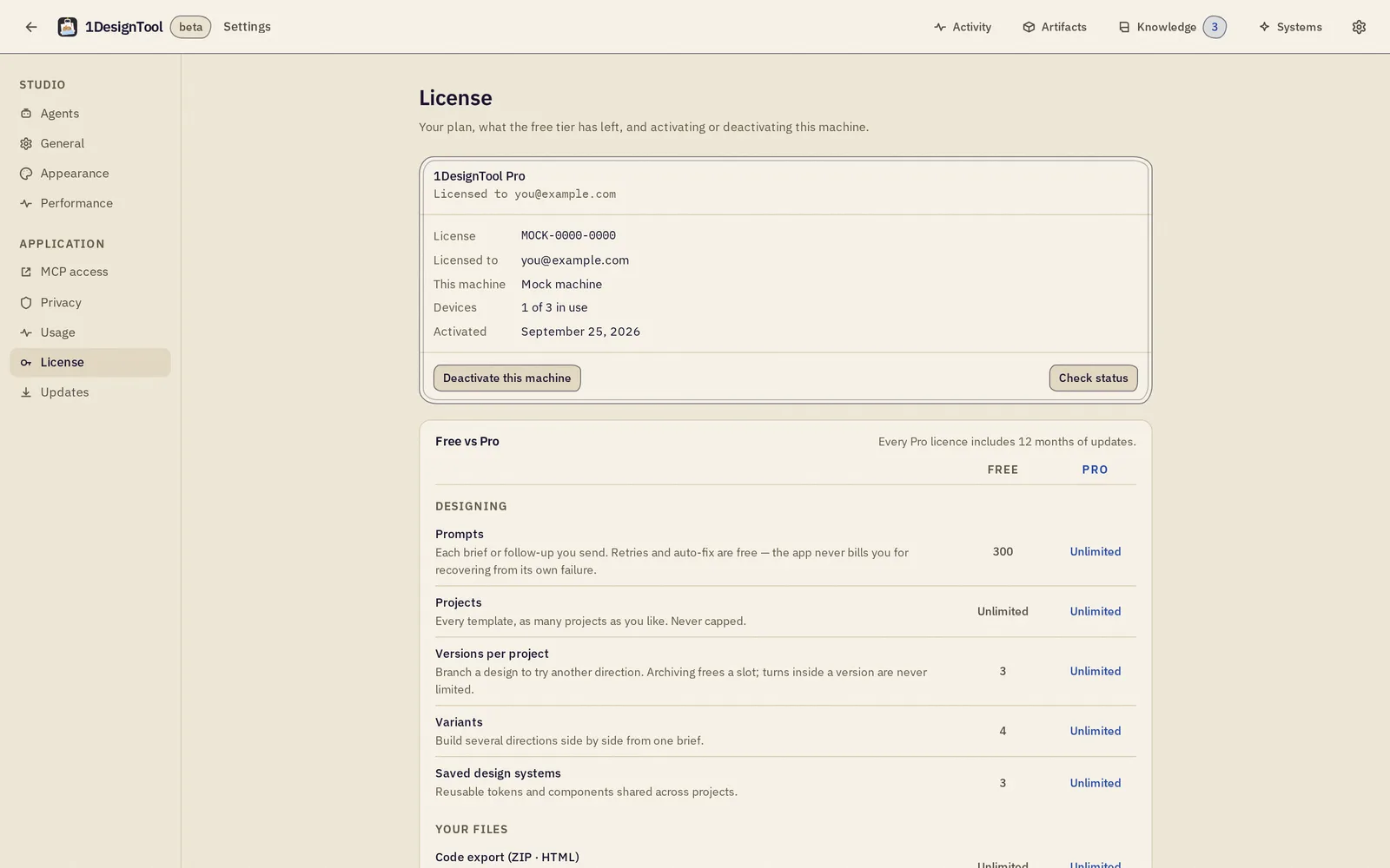 แท็บ License เมื่อ license Pro ใช้งานอยู่