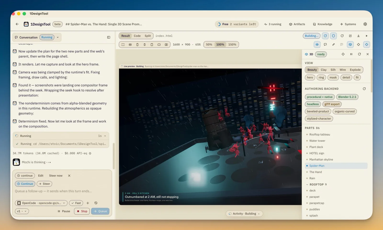 A 3D scene run in progress with a queued follow-up chip in the composer offering Continue, Edit, Steer now; the preview shows a rooftop scene with a parts list.
