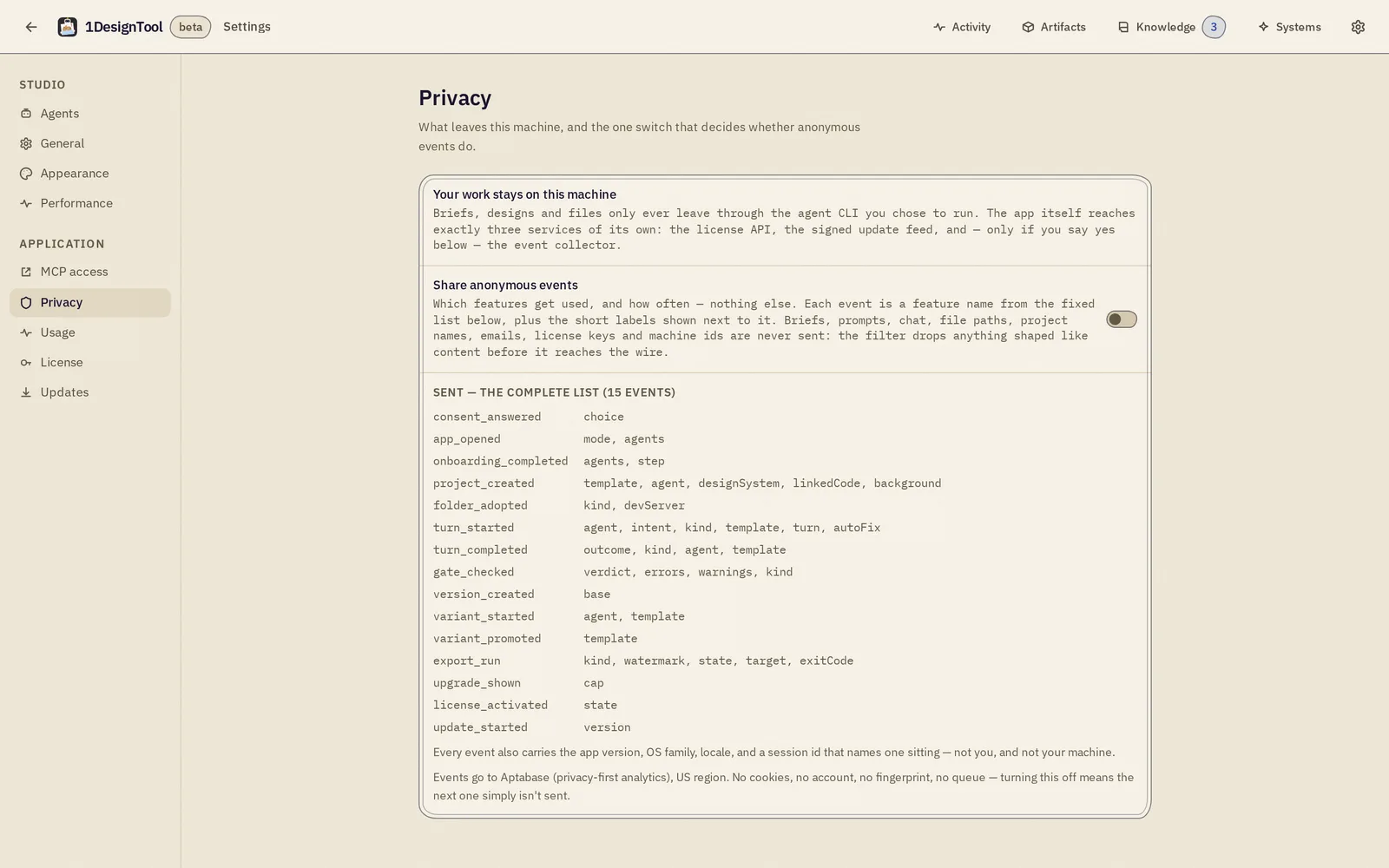 Settings → Privacy — สวิตช์ analytics และบันทึกเครือข่าย
