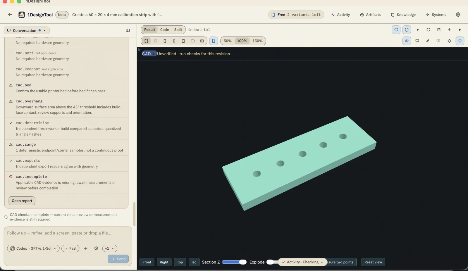 The CAD workspace — the modelled part beside the gate's per-check results