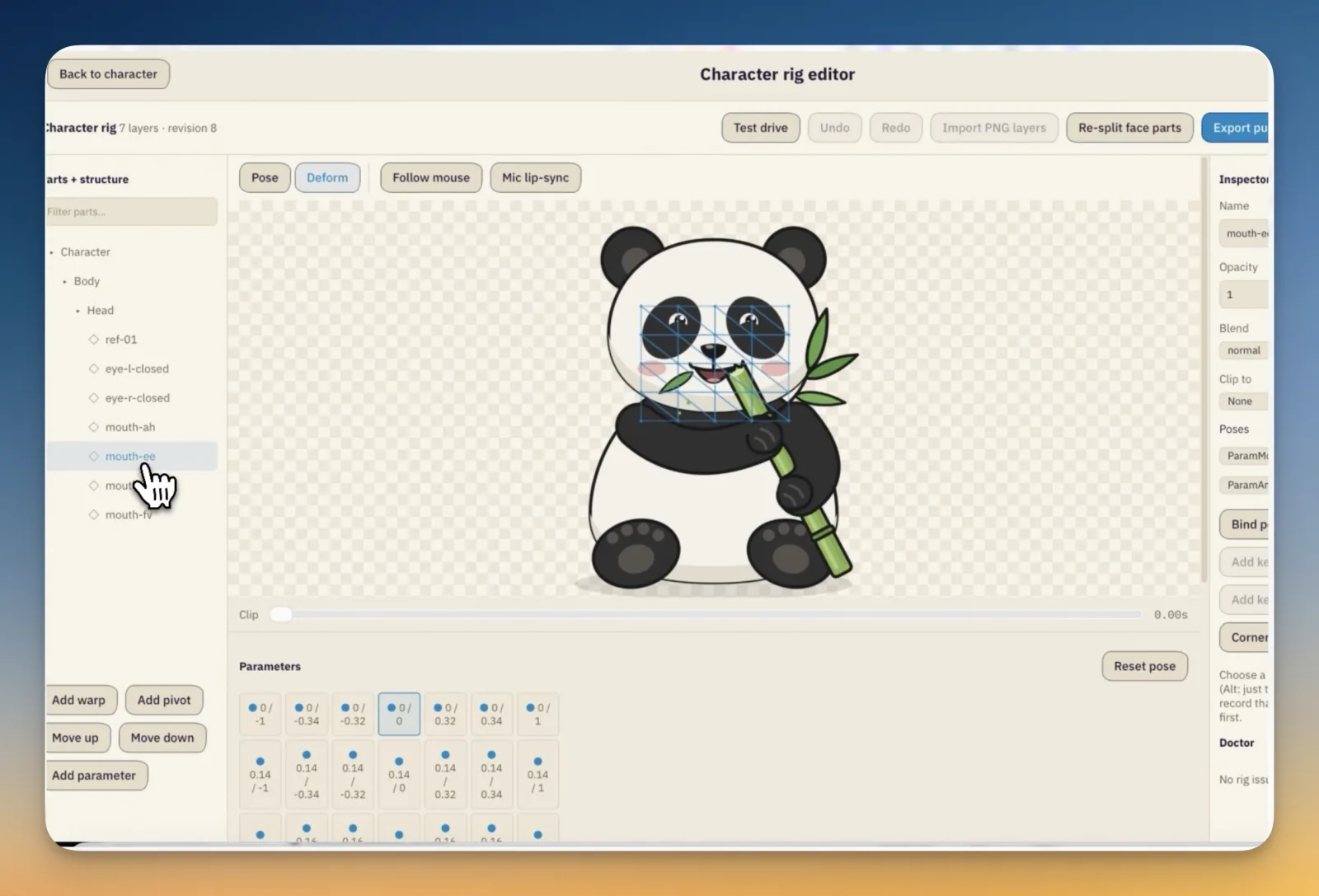 The Character rig editor in Deform mode with a lattice over the face and the Parameters grid